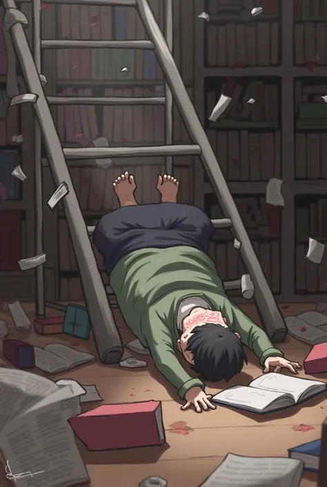 Kozekiui fell from a ladder in the library and got sick, had books lying apart in his head, and a mess on the floor