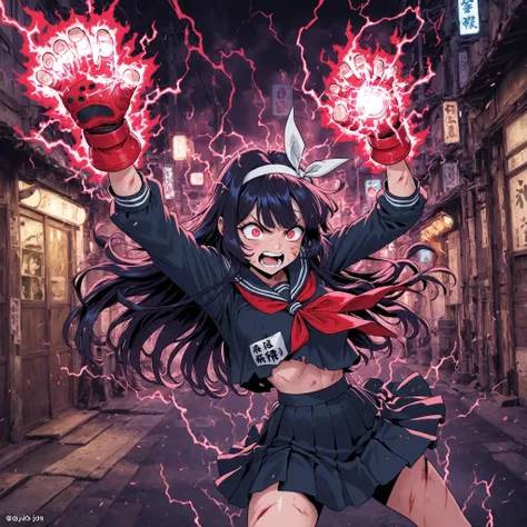 A girl, long hair with bangs with headband, color black,Ojos rojos,expression would be, school uniform,skirt,fighting gloves,red and black colors,fighter,thunder aura, in a Japanese street ,Wounded in battle