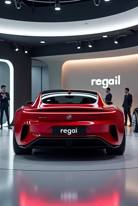 Red colour back view in 2025 Buick Regal generation in  the showroom.The back plate reads  "REGAI"   view highlighted with beautiful  and stylish image.
The wheels of the car should be white