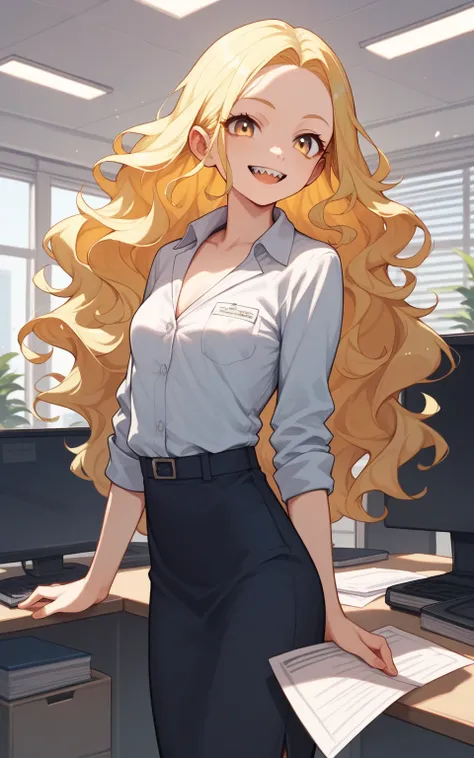  female, yellow  hair, forehead, wavy hair, long  hair, Office, Office Worker, Smile, jagged teeth, Small Breasts, anime, 