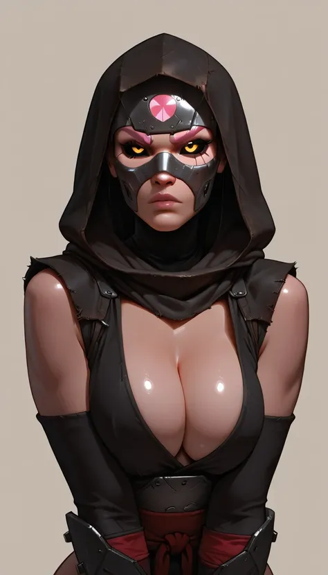 ((Masterpiece)), (( top quality), high definition,fine grain, pink eye, detailed face , ninja, solo, the hood, simple background, yellow eyes, black_sclera, tall woman, mad max clothes, upper body, clean eyes, sexy pose, iron gazmask on his face , indignan...