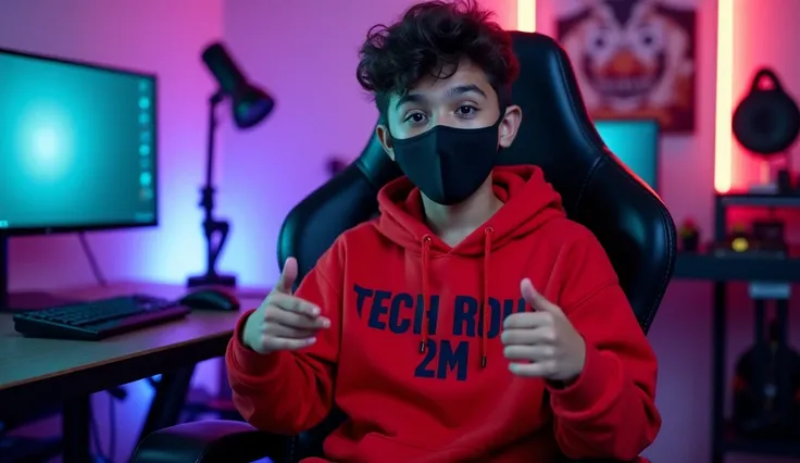 An Indian boy sitting confidently on a modern gaming chair in his YouTube studio. He is wearing a bright red hoodie with TECH ROHIT 2M boldly printed on it. His face is clearly visible and expressive despite wearing a sleek black COVID-19 mask. The boy is ...