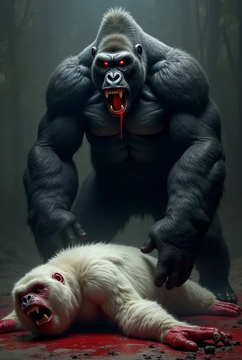 Generate an ai image in which black gorilla has defeated a big white gorilla under his feet and blood is carried by his mouth and black gorilla have red monstrous eyes 