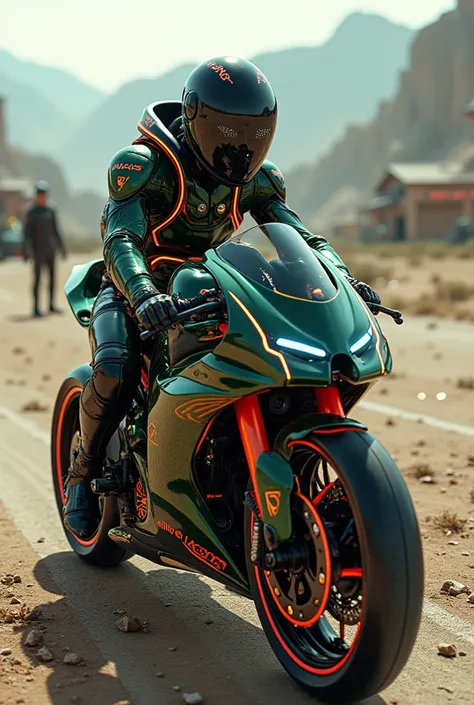 High Tech Sport-bike uniquely snail shaped, detailed tinted glass helmet with pilot, metallic green shell, eyes lights, a realistic detailed ground military base in  middle of the desert. depicted amid Pulsing Spectrum Overlays, motions speed with layered ...