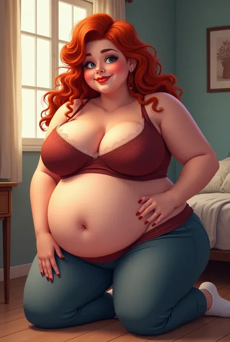 Woman, red hair, chubby, hyper huge breasts, wide hips, thick thighs, voluptuous, cute socks, tight clothes, love handles, hyper huge ass, full body shot, bedroom background, ssbbw, huge vore belly, ripping through tight clothes, cartoon style, aroused fac...