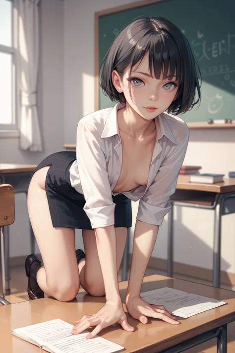  skinny girl ,  grey eyes,  short hair,  black hair,  very small breasts,  skinny legs,  wide hips, on the table,  is on all fours, teacher clothes 