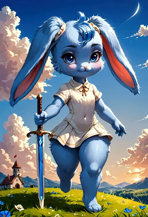 Small slender female bunny with good big thighs and blue fur with white and beautiful blue eyes and she carries a sword and she is a girl and she is very cute.