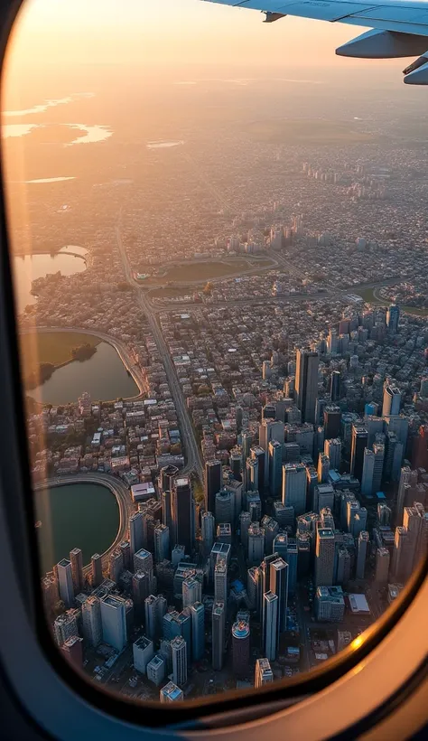 photo from the window of an airplane over a city
