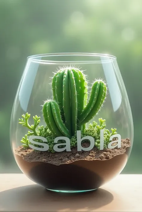 A picture of a real small cactus plant in a transparent glass bowl with the word Sabala 