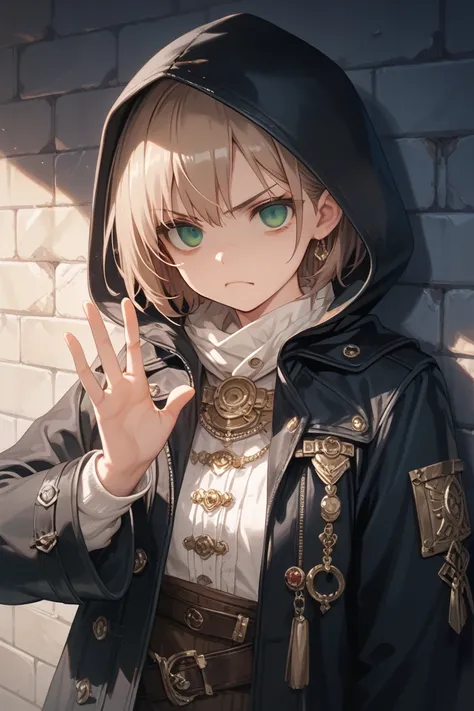 masterpiece, best quality, detailed eyes, 8k, green eye, black hood coat, wearing hood, light brown short cut hair, angry face, lean against the side wall, looking at viewer, fantasy, slum background, midnight background, solo charactor, empty eye, frustra...