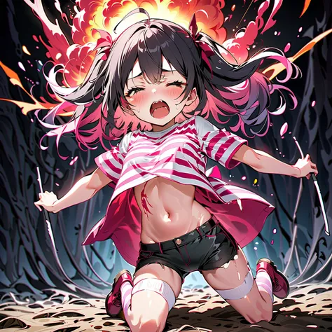 少女のwhole bodyが見える, the girl gets bitten by a monster   ,   the girl has an expression of fear  、, the girl is crying ,   monstersが女の子をリンチします  、  The girl has an expression of agony  、少女と monstersの戦い ,  monsters catch the girl and lift her up,  monstersに噛まれ...