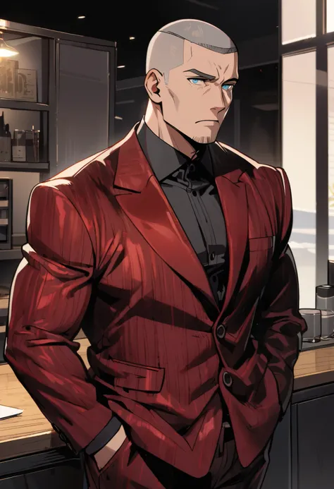 1man, middle aged man, gray hair, buzzcut hair, light blue eyes, detailed face, muscular, expressionless, velvet suit, hands in pockets, standing behind business table