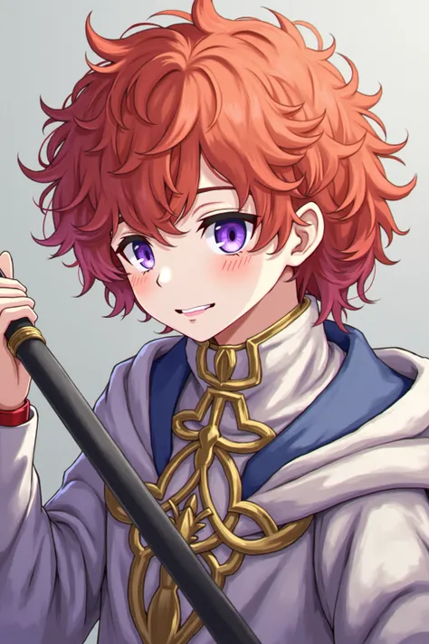  looking at the viewer,  high resolution, Necessary,  league player , HD model,  curly hair , hair type 3c,  medium size hair, coppery red hair ,  purple eyes,  white skin,  prince, anime, 3d, Holding a rapier sword, medieval 