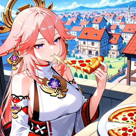 Yae Miko, eating a slice of pizza, town in background, masterpiece, best quality, High resolution 