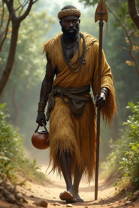 black man, wearing straw robes, straw crown on his head, carrying a gourd in his left hand and a spear in his right hand, walking on a dirt floor