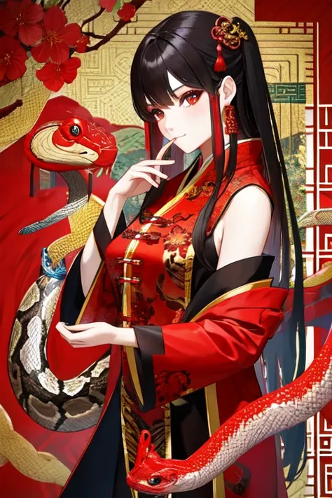 Snake cloth, red snake, beautiful Chinese girl, in the new Chinese year (masterpiece, best quality:1.3)