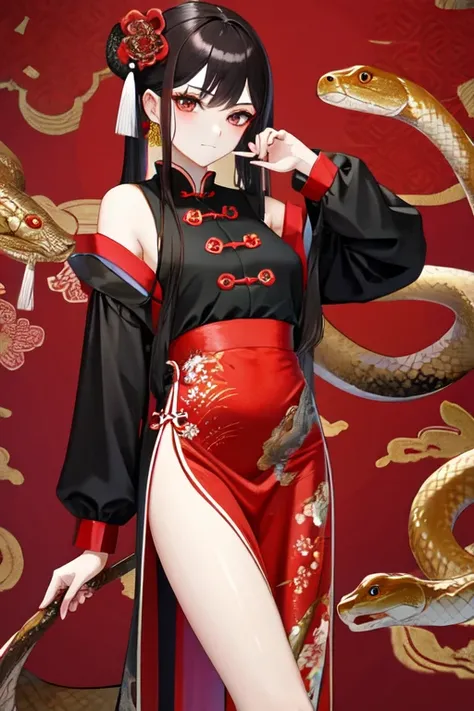 Snake cloth, red snake, beautiful Chinese girl, in the new Chinese year (masterpiece, best quality:1.3)