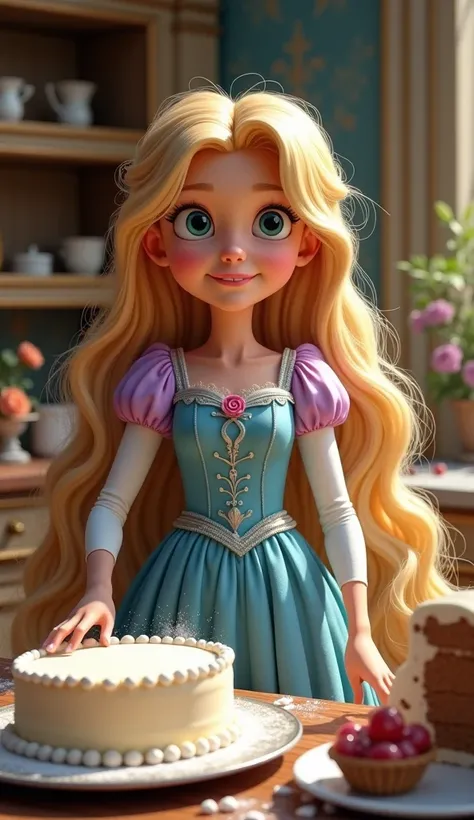 (The girl in the blue dress, Rapunzel's face)
The first experiment

When she returned to the palace, the princess started making the cake according to the old recipe, but a small mistake made the cake not perfect. She learned that baking requires patience ...