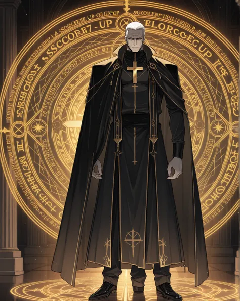 masterpiece \(quality\), best quality,

1boy, clergy long sleeve top with a golden cross imprinted on the top, black cape, black bottoms, black shoes. holy circle light behind the head.