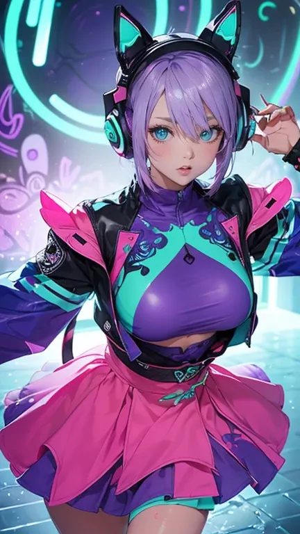 Brightly colored cat ears anime girl with headphones and (big breasts:1.3), ((upturned eyes:1.3, perfect eyes ,beautiful detailed eyes, rainbow glows ultra-detailed deep aqua purple eyes:1.1, gradient eyes:1, finely detailed beautiful eyes:1, symmetrical e...