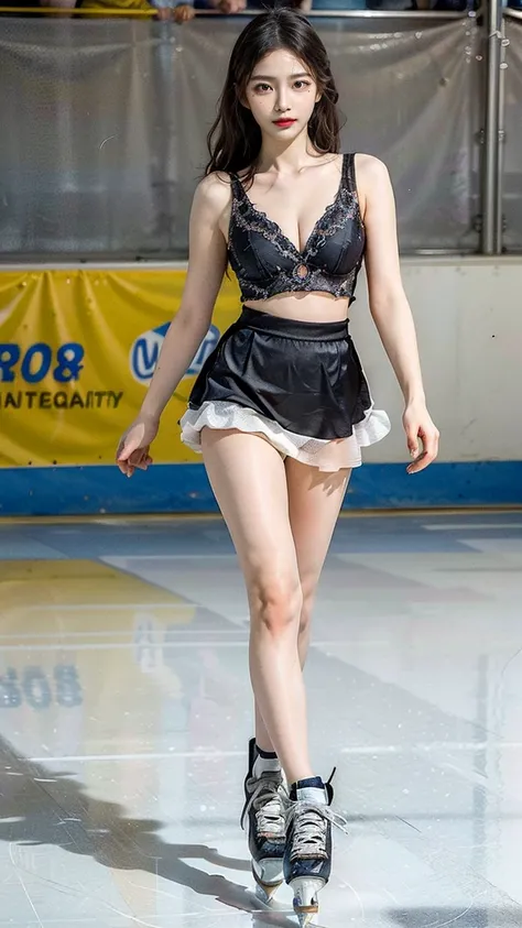 (8k, best quality:1.3), (extremely detailed:1.2), perfect anatomy, beautiful Japanese woman, 18 years old, healthy thighs, beautiful legs, beautiful skin, random hair color, random hairstyle, large breasts, (she is standing:1.2), female figure skater, figu...