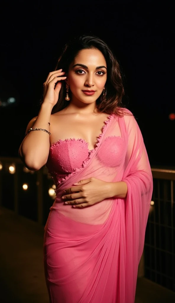 full body,front view,big boobs,under boobs,cleavage,indian,standing position,transparent pink saree,pink cleavage bra, micro bikini, showing her breast, touching her breast,ring navel,body facing to camera,smile,night,light raining,red lipstick, romantic l...