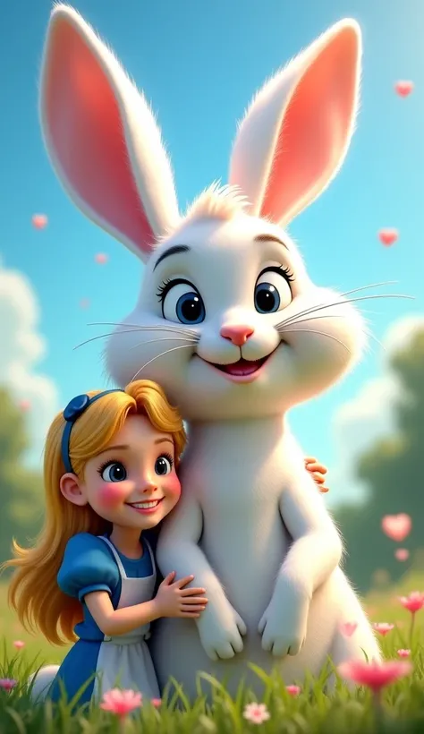 The white rabbit looking healthier, happily wiggling its ears while Ali smiles with joy, feeling proud of his efforts. The background shows a bright, cheerful day.