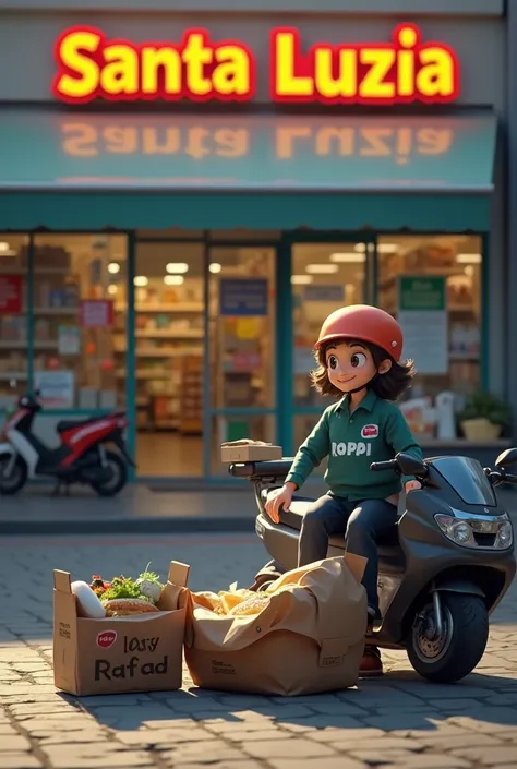 Motoboy with a shirt written Rappi and holding a sign written by Rafael , in front of a supermarket façade called Santa Luzia 