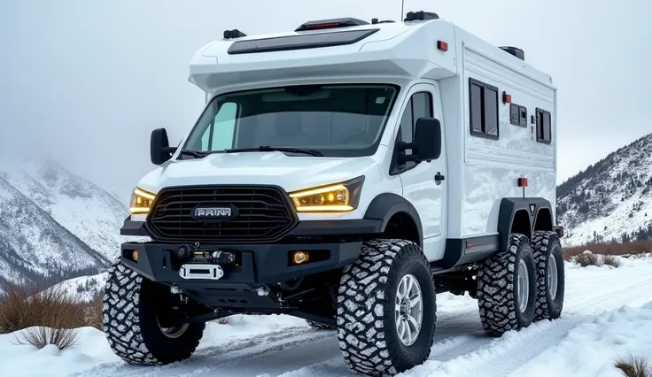 Front right side view of a rugged, off-road Ram motorhome with six large, all-terrain tires and silver wheels, designed for extreme conditions. The motorhome is painted in vibrant sleek white and features a robust grille, heavy-duty front right side bumper...