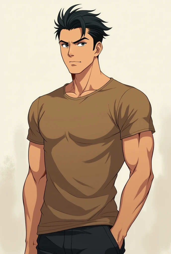 Create an ANIME 27 very handsome adult man (like the men in YAOI) who lives in the village. He's wearing a farmer brown tee shirt. His black hair is well neat and groomed. He's a bit tan. The man must facing in front. The picture must a WHOLE BODY. FROM HE...