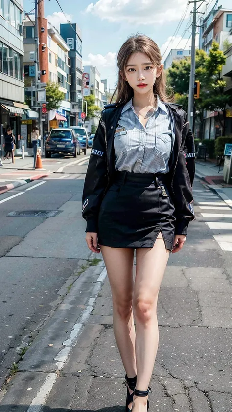 beautiful Japanese woman, 22 years old, perfect anatomy, healthy thighs, beautiful legs, beautiful skin, random hair color, random hairstyle, large breasts, female police officer, (Japanese police uniform:1.3), (miniskirt:1.3), (she is standing:1.2), full ...