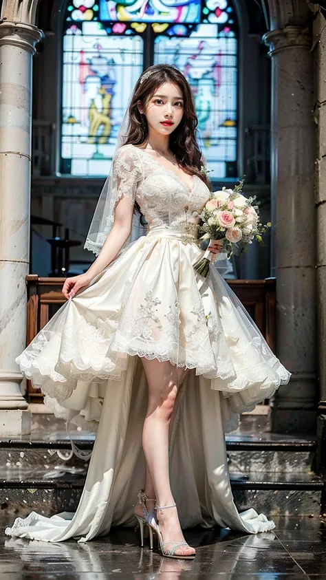 A beautiful young Japanese woman, 26 years old, with healthy thighs, beautiful legs, flawless skin, random hair color and style, large breasts, wearing a (wedding dress:1.3), (she is standing:1.2), full body shot, high heels, holding a bouquet in her hands...