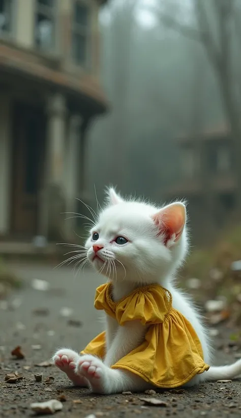 The small white kitten, dressed in a faded yellow dress, sits on the ground, her tiny paws trembling as tears stream down her face. Her eyes are filled with sorrow, and soft sobs escape her as she stares at the empty space around her, feeling the weight of...