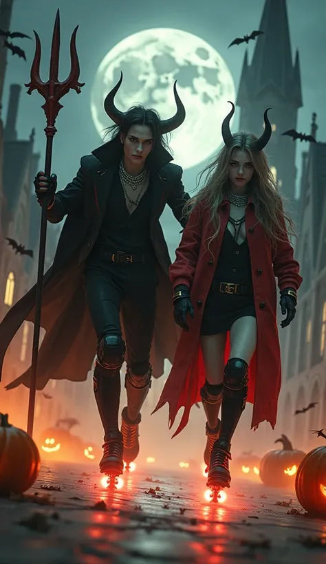 Vampires woman and man with long hair,Horns, Devil's trident in the hand, wearing black and red clothes with silver chains,  using inline skates with glowing luminous wheels, gloves and knee pads , Full Moon Church, pumpkins, realistic bats, moving at spee...