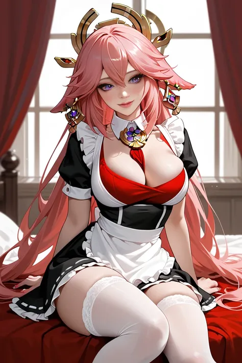 A single character Yae miko, with intricate eyes, high textured iris. She wears maid long skirt maid outfit with stockings, Her outfit is hugging tightly to her voluptuous, curvaceous, hourglass body, highlighting her thick thighs and her ample breast. she...