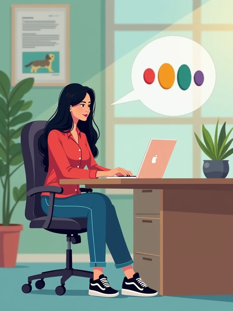 A full office environment with A fair skin Indian female manager with long black hair sitting at her work desk. The logo of her laptop 5 same size rounds in a row with colours red, yellow, green, purple and blue. It must be in that’s sequence and in a row....