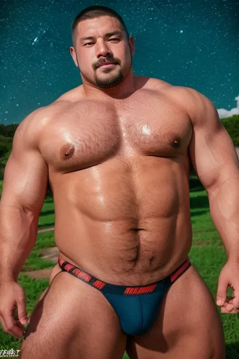 Japanese middle-age male, skinhead, shaved head, short goatee, bulky, muscler man, thick body, wearing thong, under the stary sky