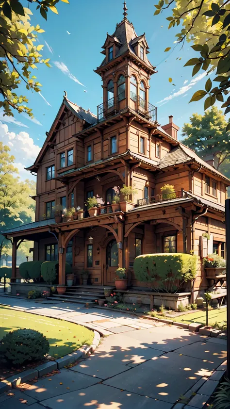 (photo-realism), ( top quality,  Masterpiece,  Full of Details ), Two-tower mansion, Lots of trees, Colorful gardens, vase, old mansion , White stone road, Green Grass,  blue sky,  sunshine,  brown brick mansion, 