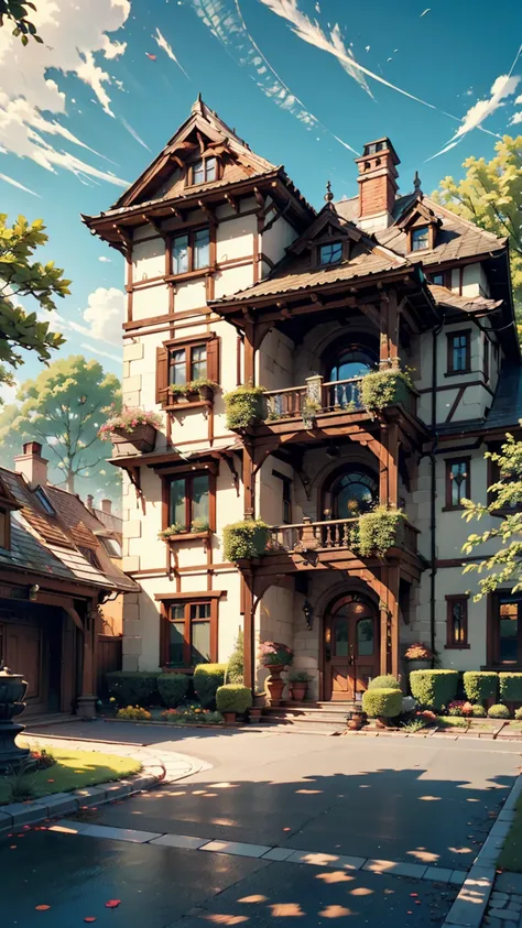 (photo-realism), ( top quality,  Masterpiece,  Full of Details ), Two-tower mansion, Lots of trees, Colorful gardens, vase, old mansion , White stone road, Green Grass,  blue sky,  sunshine,  brown brick mansion,