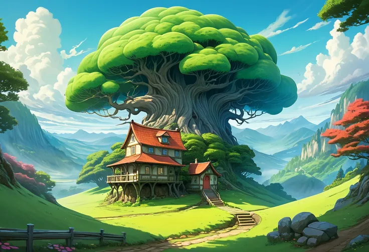 Anime-style painting of a tree with a house in the middle, concept art by Justin Gerard,   Art Station Contest Winner  ,  fantasy art,   Beautiful Artwork Illustration  ,  eccentric fantasy landscape painting ,   Background Art  , Fairytale style backgroun...