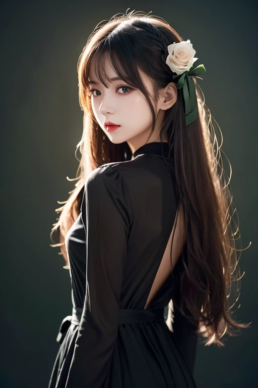 ((masterpiece,  top quality )), best aesthetics, 1 girl, Alone,  long hair,  black dress, flower, ribbon,  black background,  black hair,  Rose, hair ribbon,  green eyes,  Long Sleeve , white  Rose,   closed mouth , black ribbon,  upper body,  cinematic li...