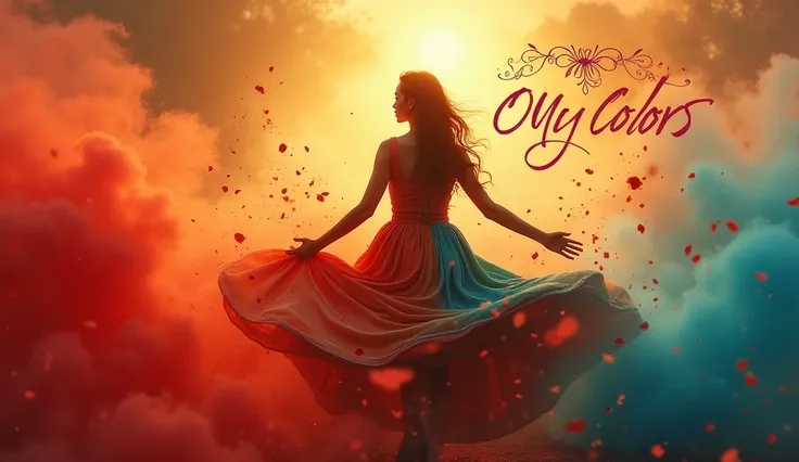 A mesmerizing and artistic thumbnail featuring a woman twirling in a flowing, colorful traditional outfit, surrounded by a dreamy aura of vibrant hues—reds, blues, and golds blending like watercolor. Delicate rose petals or colored powder swirl around her,...