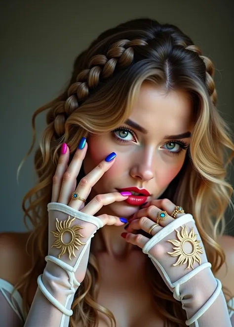 Hyperrealism 1;2), akt portrait einer slim women with long blond hair. curly hair. Red lips. big lips, Small nose, straight hair, fair skin, very detailed fingers,  beauty rainbow-colored chakra nails ,  grid braids with golden sun moon and star decoration...