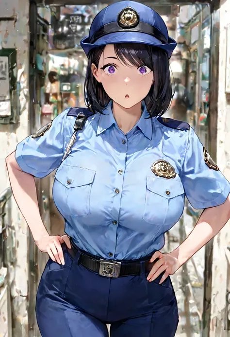 best quality,masterpiece,large breasts,purple eyes,black hair,police hat,belt,collared shirt,blue pants,,,light blue shirt,1girl,,swept bangs,medium hair,mature,hand on own hips,breast focus,surprised,looking at viewer,from front