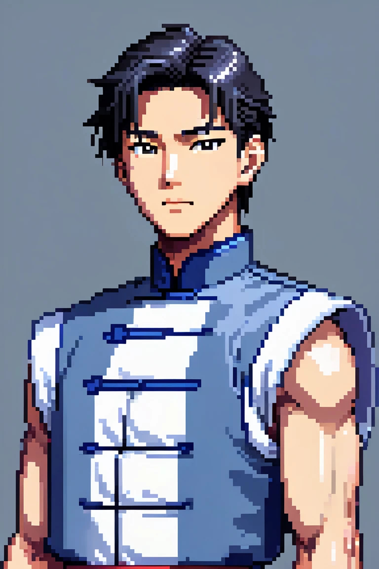 Create a pixel-art portrait in a classic SNES RPG style, designed for dialog scenes. The artwork should depict the upper body of Takeshi from the head to the waist, slightly angled to the left for natural conversation mirroring.

Takeshi is a young man wit...