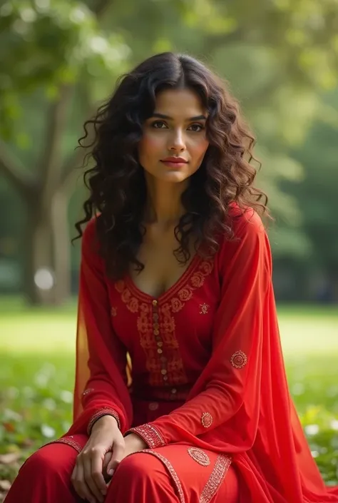 (photorealism:1.2), beautiful woman, sitting on park, wear salwaar kamij color red pretty look curly hair laying on bed 