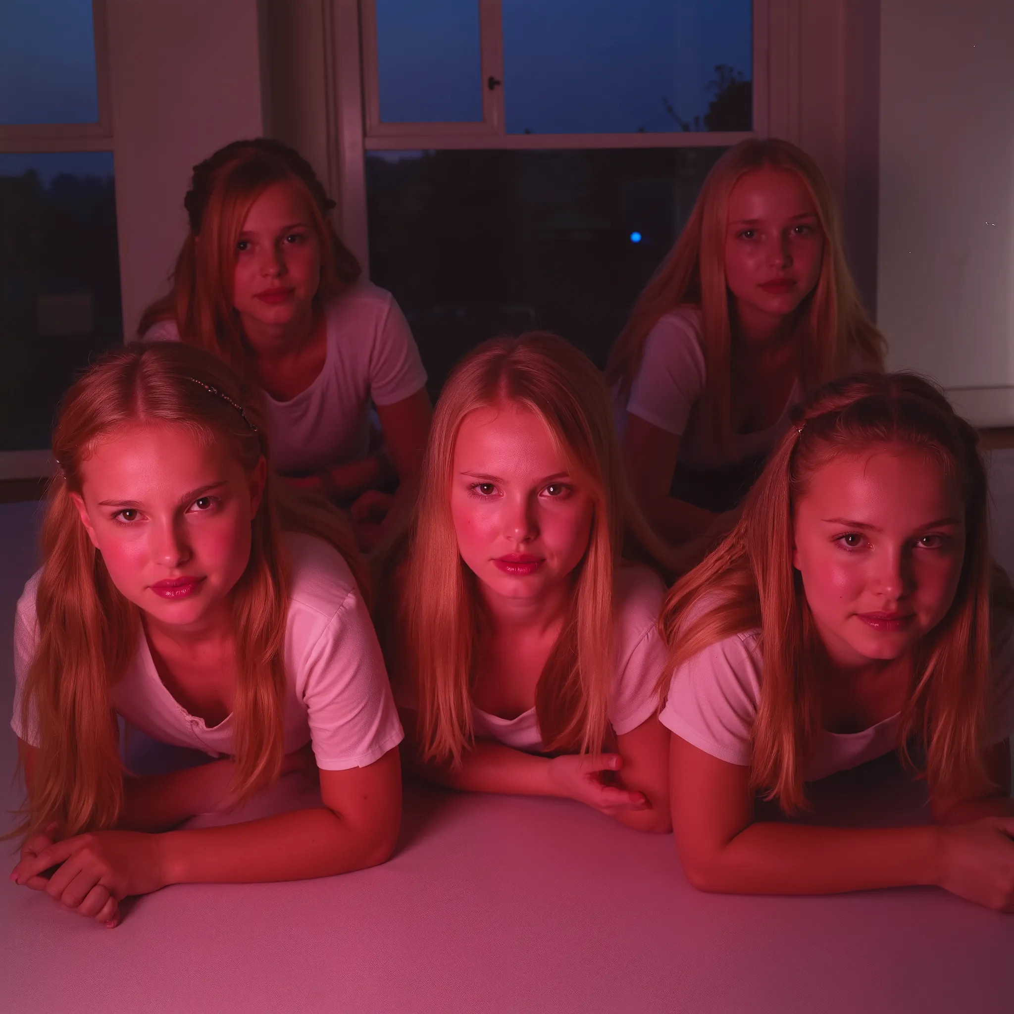 Very realistic photo of 5 young girls ,  long blonde hair ,   3 girls have long braids  , Different hairstyles,    small short blouses and miniskirt  ,   detailed face ,   big and beautiful blue eyes   ,  kneeling on the hardwood floor in a bedroom at nigh...