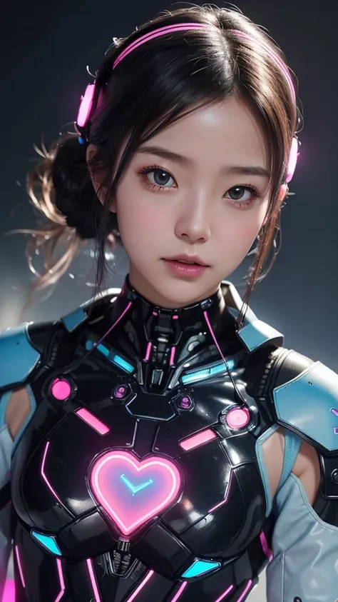 8k, RAW photo, best quality, masterpiece:1.2), (realistic, photo-realistic:1.4), (extremely detailed 8k wallpaper). A beautiful Japanese AI girl with a cute and realistic expression, set in a cyberpunk Valentine's Day theme. She holds a futuristic, hologra...