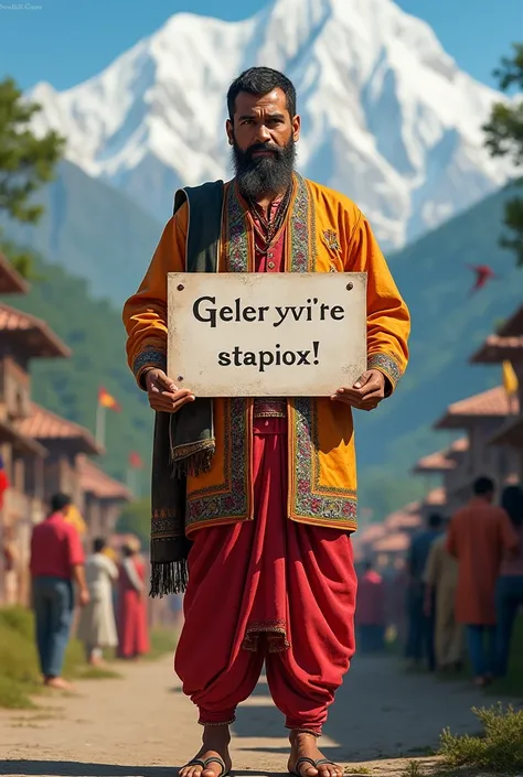 create a image of man holding sign wearing nepali cultural dress