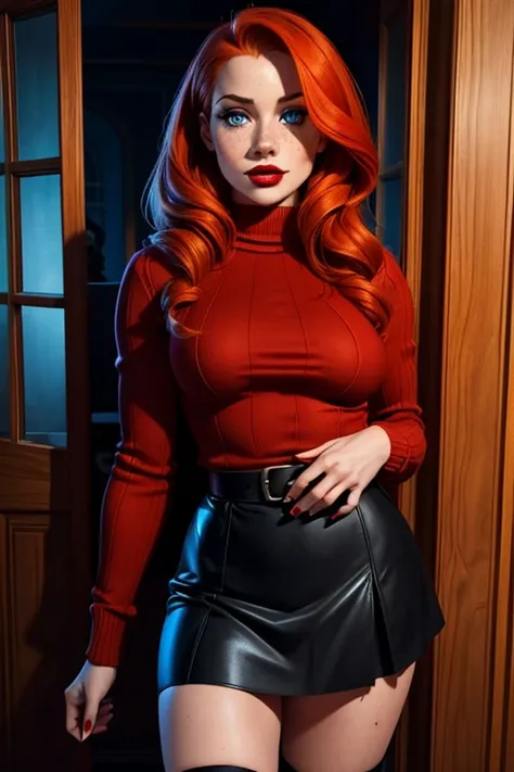 A beautiful female whose facial features are a combo of Madelaine Petsch + Molly C. Quinn + Karen Gillan + Shay Laren. The female has ginger hair. The female has blue eyes. The female has faint freckles. The female wears a blue sweater and a black skirt an...